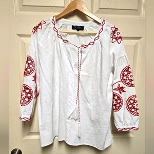 Anthropologie RD & KoKo Blouse  Embroidered Cutouts Linen Cotton Blend Med